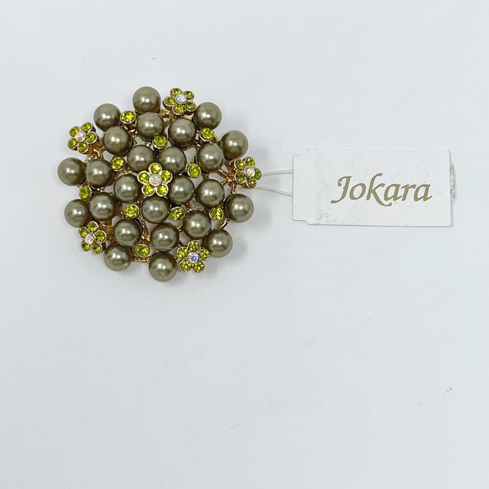 New Jokara Floral Gemstone and Beaded Brooch Pin Green Sage Gemstone